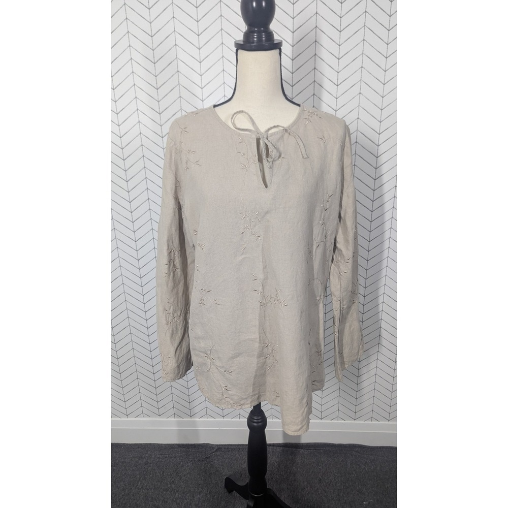Linen Blouse Womens Shirt XL Tan Embroidered Preppy Capsule Minimalist Kate Hill